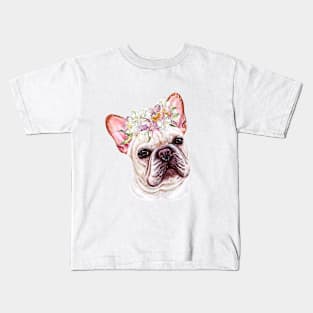 Cute White French Bulldog with Hair Wreath Illustration Art Kids T-Shirt